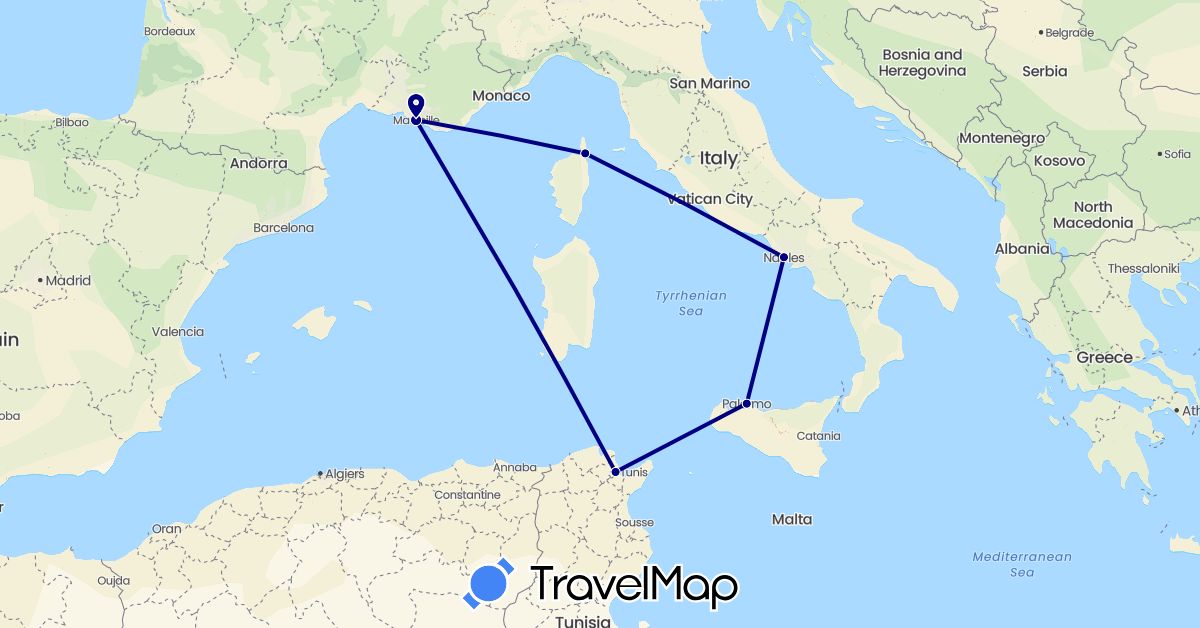 TravelMap itinerary: driving in France, Italy, Tunisia (Africa, Europe)